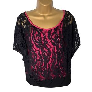 Halo Lace Overlay Batwing Sleeves Top Pink Black ﻿M
